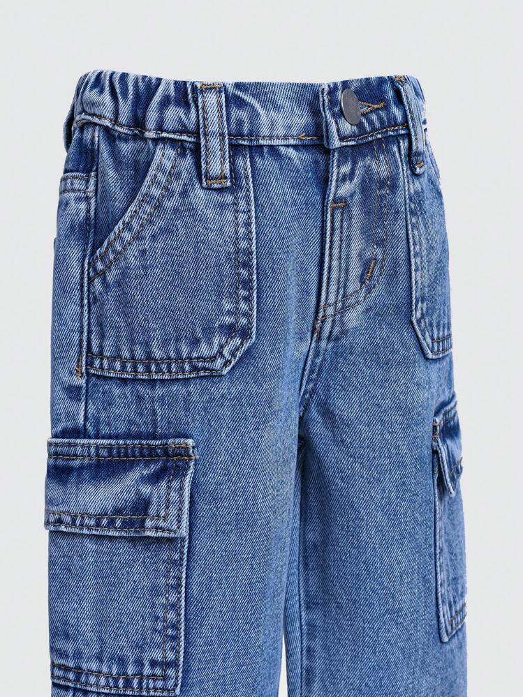 SHEIN Pantalones casuales de algodón con cintura elástica y bolsillo cargo para niños pequeños - Azul lavado oscuro - Añade 4
