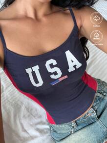 SHEIN EZwear 黑色和红色缝线女式字母和美国国旗图案吊带背心 - 彩色 - 查看 1