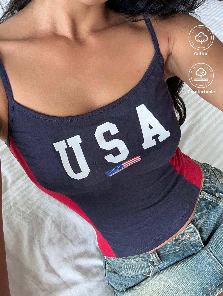 SHEIN EZwear 黑色和红色缝线女式字母和美国国旗图案吊带背心 - 彩色 - 查看 1