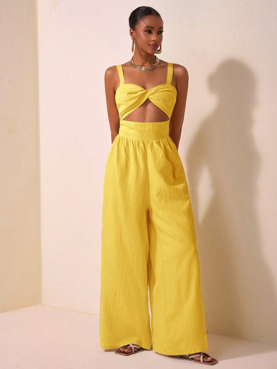 Zivah Calça feminina longa e larga, com textura de tecido, para lazer, primavera e verão, 2025, estilo torcido, com alça nas costas, cáqui, para casamento, festival de música, festa, rua, praia, férias à beira-mar, estilo boêmio - Amarelo - Ver 1