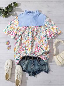 SHEIN LUNE 大码女式夏季蓝白条纹拼布花卉印花图案蕾丝领衬衫女式夏季服装女士海滩度假服装女士机场服装秋季女式校服乡村音乐会复古教师服装 - 彩色 - 查看 2