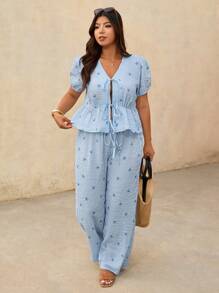 Elaquor 大码蝴蝶印花短袖上衣和长裤两件套