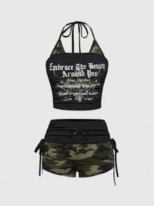 ROMWE Conjunto de 2 piezas con parte superior de tirantes y shorts con estampado de estrella de camuflaje y cruz, estilo Y2K