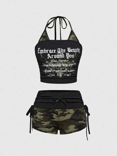 Conjunto de 2 piezas con parte superior de tirantes y shorts con estampado de estrella de camuflaje y cruz, estilo Y2K