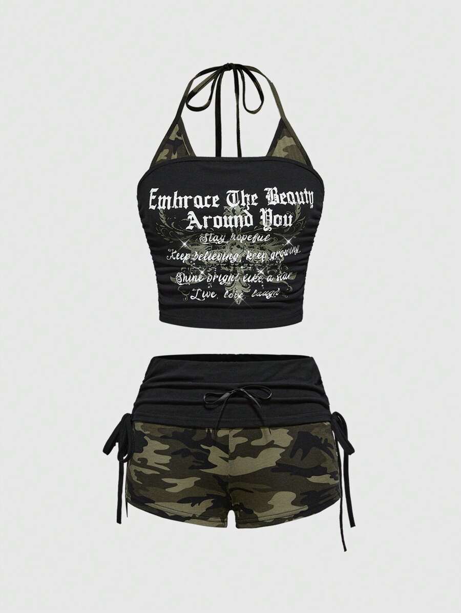 ROMWE Conjunto de 2 piezas con parte superior de tirantes y shorts con estampado de estrella de camuflaje y cruz, estilo Y2K