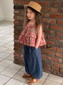 DAZY Completo vestaglia con volant a quadri e pantaloni a zampa di lanterna, per ragazze di taglia piccola, estivo