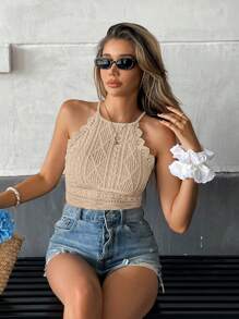 Serisse Women Lace Trim Camisole Chic Brown Summer Casual - Khaki - View 6