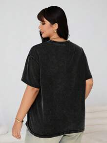 SHEIN EZwear Áo thun tay ngắn dệt kim cổ điển in họa tiết axit rửa cỡ lớn - màu đen - Xem 2