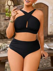 Swim Vcay 加大码两件套女式纯色V领镂空设计上衣和高腰三角下装性感时尚比基尼套装 - 黑色 - 查看 6