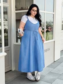 SHEIN EZwear 大码女式休闲简约中蓝色水洗牛仔吊带长裙，夏季 - 淺色水洗藍 - 查看 6