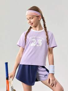 JNSQ Short deportivo informal y holgado con falda para niñas, short deportivo informal y holgado con cintura elástica y estampado divertido de letras para niños