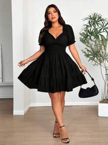 Vionelle Plus Size Woven Elegant V-Neck Puff Sleeve Ruffle Midi Dress - Black - View 4