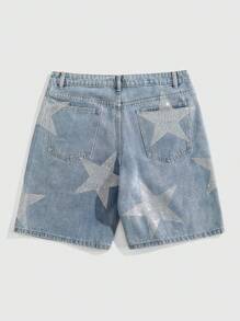 ROMWE MEN Prep 男士休闲街头风五角星水钻纽扣牛仔短裤 - 淺色水洗藍 - 查看 2