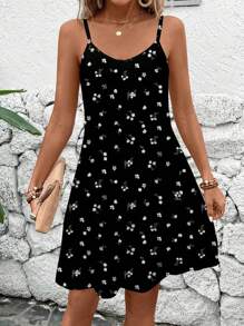 SHEIN LUNE Váy dài in hoa nhỏ gọn đơn giản, dây mảnh, cỡ lớn, phù hợp cho mùa hè, váy chống nắng cho nữ, váy chống nắng - Nhiều màu - Xem 3