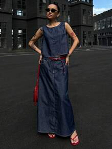 DAZY 2 件套女士牛仔无袖上衣套装，夏季时尚