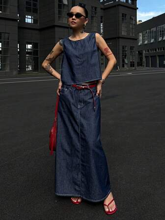 DAZY 2pcs Women Denim Sleeveless Top Set, Fashionable For Summer