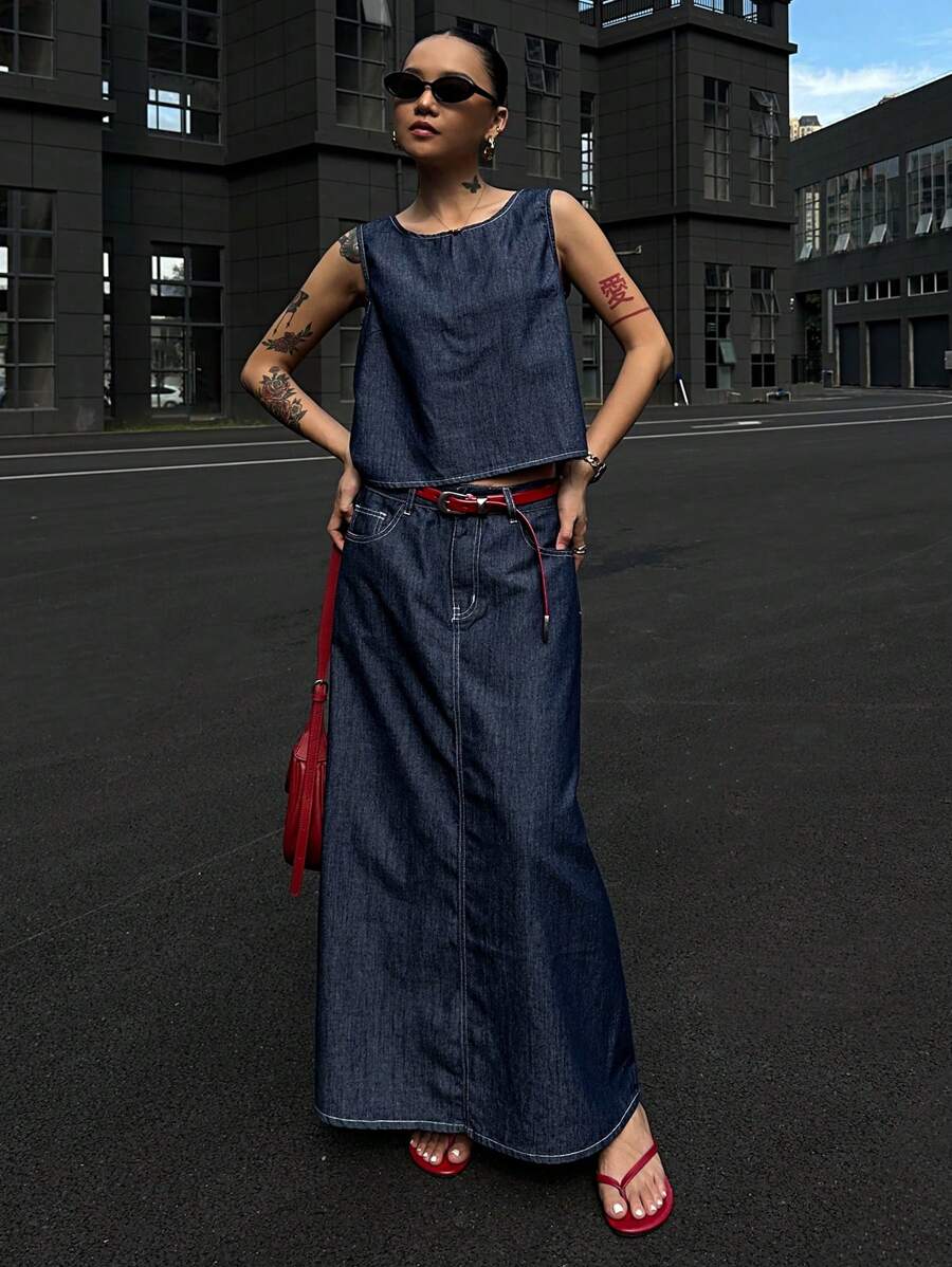 DAZY 2 件套女士牛仔无袖上衣套装，夏季时尚