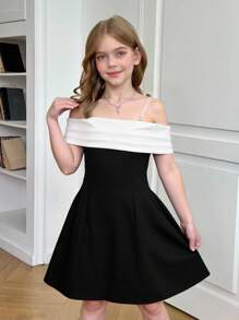 SHEIN Serisse Kids Tween Girls Solid Contrast Off Shoulder Strap Bow Decor Elegant Commute Dress, Fashionable French Style Graceful Dress, Back To School, Suitable For Prom, Birthday Party