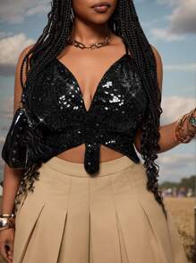 Slaydiva Nueva Blusa Corta Brillante con Mariposa, Blusa Halter Casual Sexy con Lentejuelas para Festival Callejero, Fiesta de Cumpleaños, Día de San Valentín, Cadena Corporal para Playa, Blusas Talla Grande para Mujeres y Niñas (Negro), Blusa Escotada por la Espalda - Negro - Ver 3