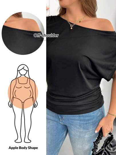 SHEIN Essnce Plus Size Women's Spring And Summer Fashion Casual Loose And Comfortable Daily Versatile Slim Black Off-Shoulder Short-Sleeved T-Shirt, Simple Style,Work Tops,European Summer,Off The Shoulder Top,Church Clothes For Women,Teacher Clothers