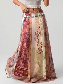 SHEIN X Scot Louie SHEIN ICON 女式复古拼布印花A字下摆休闲蕾丝拼布长裙 - 彩色 - 查看 6