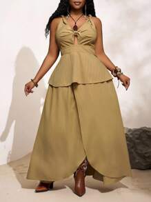 Slaydiva 2025 Spring/Summer New Elegant Vacation Solid Khaki Color Spaghetti Strap Fitted Bodice With Flared Skirts Skirt, Plus Size - Khaki - View 1