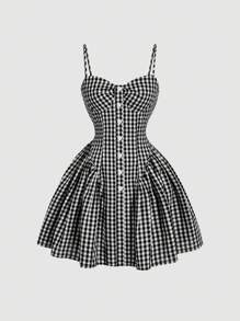 SHEIN MOD Vestido en estilo evasé con frente plisado, botones decorativos y estampado de cuadros en negro y blanco