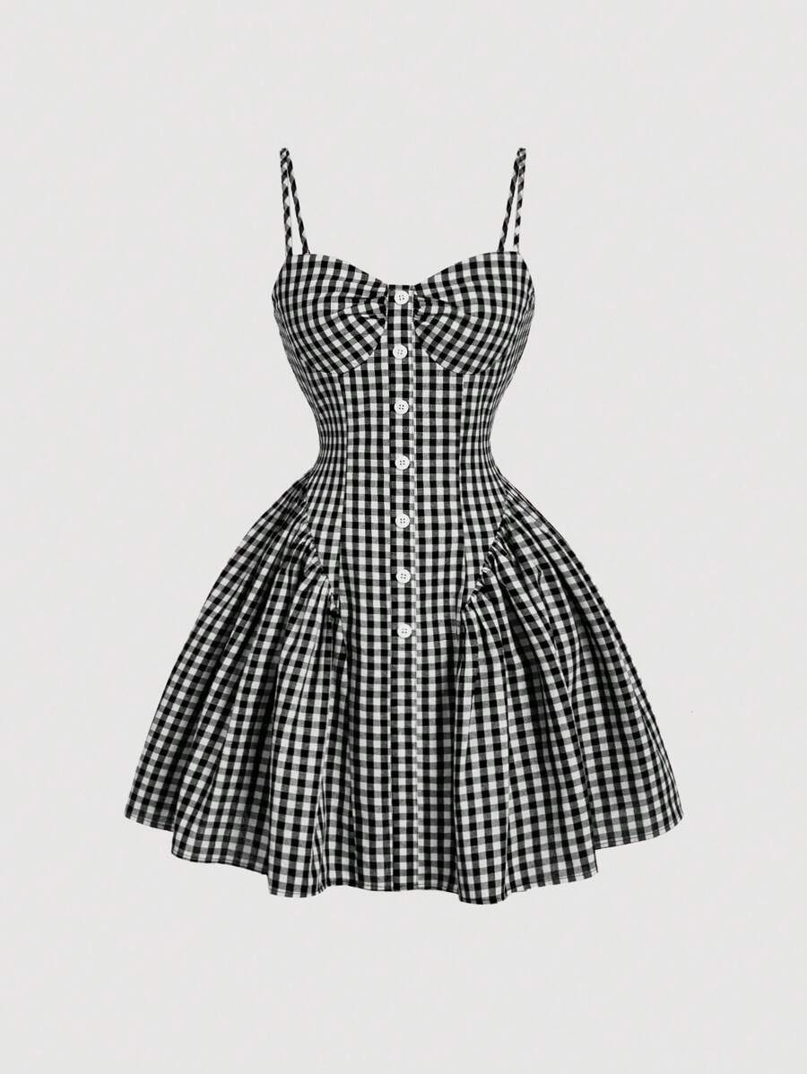 SHEIN MOD Vestido en estilo evasé con frente plisado, botones decorativos y estampado de cuadros en negro y blanco