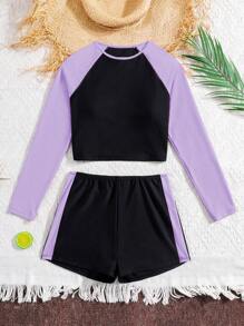 SHEIN Conjunto de traje de baño de ajuste ceñido con mangas raglan y bloques de color morado y negro, adecuado para adolescentes y niñas jóvenes para el verano y la playa