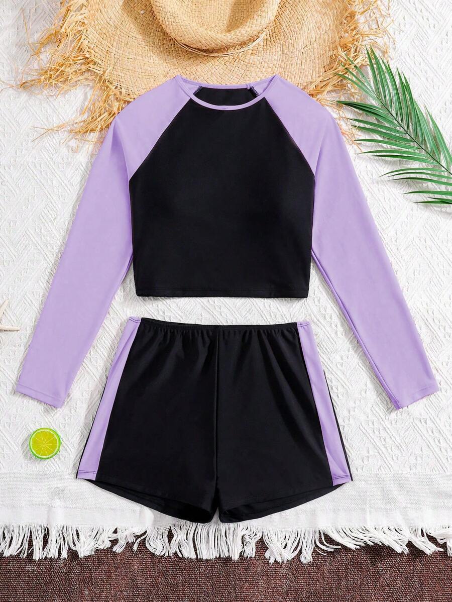 Conjunto de traje de baño de ajuste ceñido con mangas raglan y bloques de color morado y negro, adecuado para adolescentes y niñas jóvenes para el verano y la playa - Púrpura malva - Ver 1