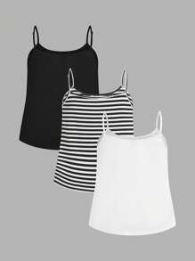 SHEIN EZwear Camiseta de tirantes minimalista y casual de talla grande, para club, aeropuerto, maestras, vacaciones, playa - Paquete de 3 tops con diseño de rayas, camisetas básicas - Blanco y Negro - Ver 2