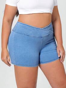 SHEIN Essnce Crossed Waist Washed Casual Stretchy Knit Denim Shorts - Light Wash - View 5