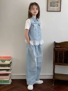 DAZY 女童牛仔背心，蕾丝拼接和蝴蝶结，直筒裤套装，夏季，返校服 - 藍白色 - 查看 3