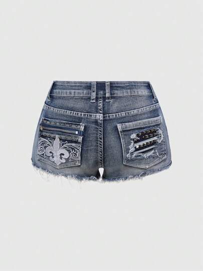 J-Fashion Vintage Punk Stil Jeans Shorts für Frauen mit niedriger Taille, super kurzer Länge, Reißverschluss, Nieten, Taschen und Stickerei