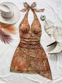 Soleia Sexy Retro Ombre Halter V-Neck Tie-Up Mesh Ruched Asymmetrical Hem Romantic Vacation Mini Dress For Women