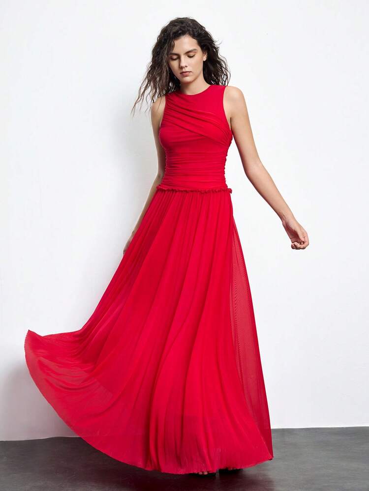 SHEIN Maija Czerwona sukienka z rozkloszowaną spódnicą w stylu boho dla kobiet, odpowiednia na jesień, wakacje, święta, randki i wyjścia