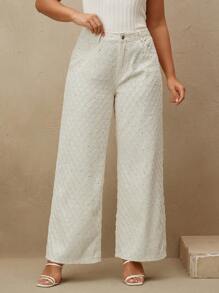 Anewsta Women's Elegant Modern Plaid Textured Sequin Embellished Pants - Apricot - View 3