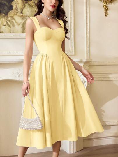 Vintamour Vestido elegante vintage para mujer con bolsillos, vestido de té casual amarillo para fiestas, festivales y vacaciones, vestido blanco de verano para mujer, vestido de fiesta con corsé, vestido formal para mujer, vestido de cumpleaños, vestido de invitada de boda, vestido de primavera para Pascua