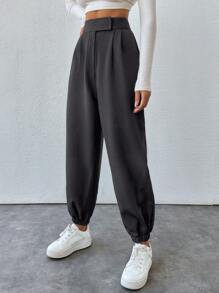 SHEIN PETITE Cone Shaped Women Suit Pants With Detailed Waist - Dark Grey - View 5