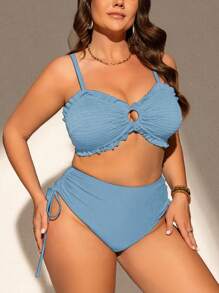 SHEIN Swim Curve 大码女式两件套纯色细肩带性感开叉抽绳休闲度假泳装套装 - 霧霾藍 - 查看 5