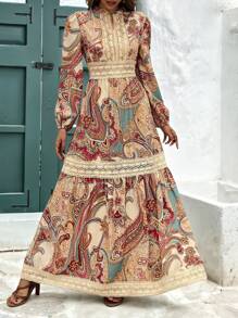 Vivid Eden Women's Floral Print V-Neck Splicing Lace Dress, Elegant For Holiday, Long Sleeve Dress, Commute, Minimalist, Office, Old Money, Simple, Button Down Dress, Fall Women Outfits, Winter Inside Out Dress, Summer Clothing,Vacation Style