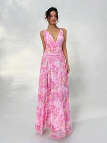 Aloruh Women's Floral Print Elegant Sleeveless Dress - Pink - View 1