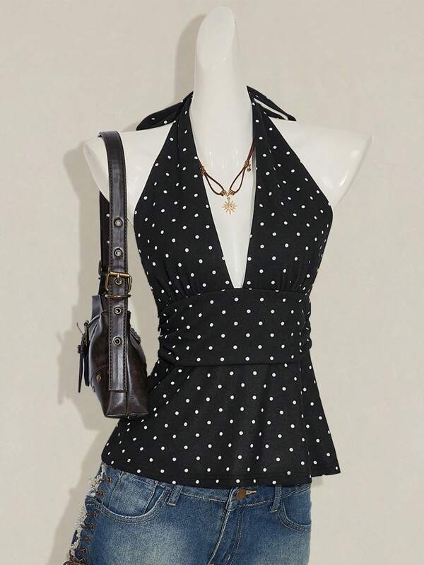 SHEIN ICON Women Casual Minimalist Halter Deep V-Neck Polka Dot Wrap Back Blouse