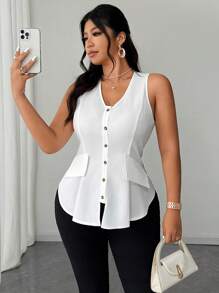 Elenzga Áo len cardigan cổ chữ V thời trang thanh lịch hàng ngày cho nữ cỡ lớn 2025, áo sơ mi không tay có túi trước, xuân/hè - trắng - Xem 6