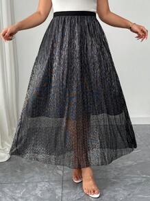 Elenzga Damen Rock in Große Größen mit Batikmuster und elastischem Bund, lässig - Schwarz - Übersicht 3