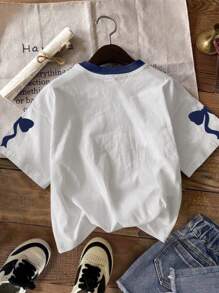 SHEIN EZwear 休闲简约海军蓝蝴蝶结图案圆领短袖宽松女式T恤，适合夏季 - 彩色 - 查看 4