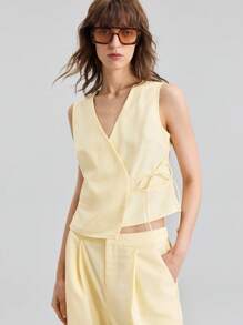 Ontre 2025 Women's Summer Clothing Set,Pale Yellow Smart Casual Brunch Wear,Solid Wrap Tie Sleeveless Top & Loose Wide Leg Pants,Beach Resort Club Fashion - Yellow - View 1