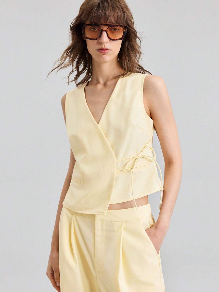 Ontre 2025 Women's Summer Clothing Set,Pale Yellow Smart Casual Brunch Wear,Solid Wrap Tie Sleeveless Top & Loose Wide Leg Pants,Beach Resort Club Fashion - Yellow - View 1