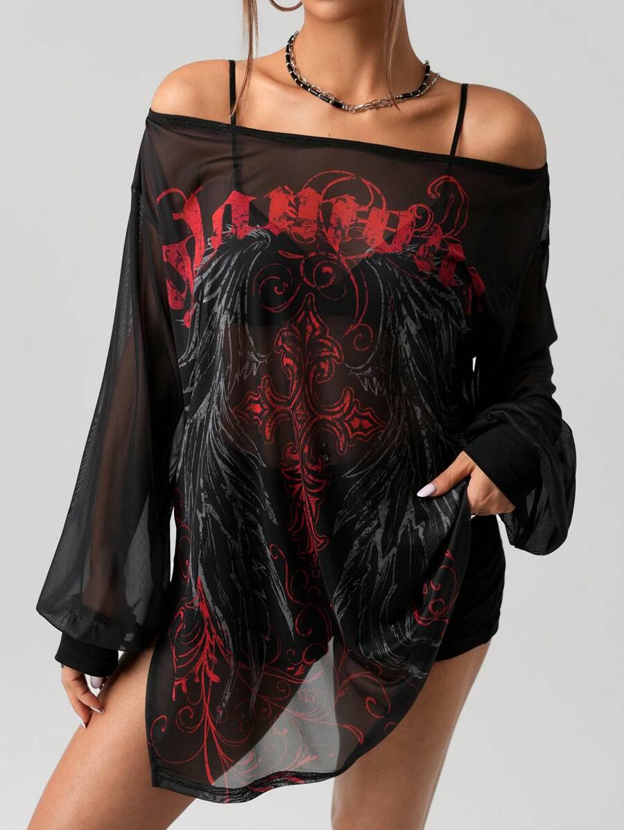 SHEIN ICON Retro Punk Printed Mesh See-Through Wide Shoulder Slit Mini Dress - Black - View 1