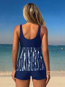 Swim Lushoire 2pcs/Set Women's Black & White Striped Random Tie-Dye Print Bowknot Front Round Neck Wide Strap Top +Black Mid-Waist Swimshorts, Simple Casual Vacation Bikini Set For Summer